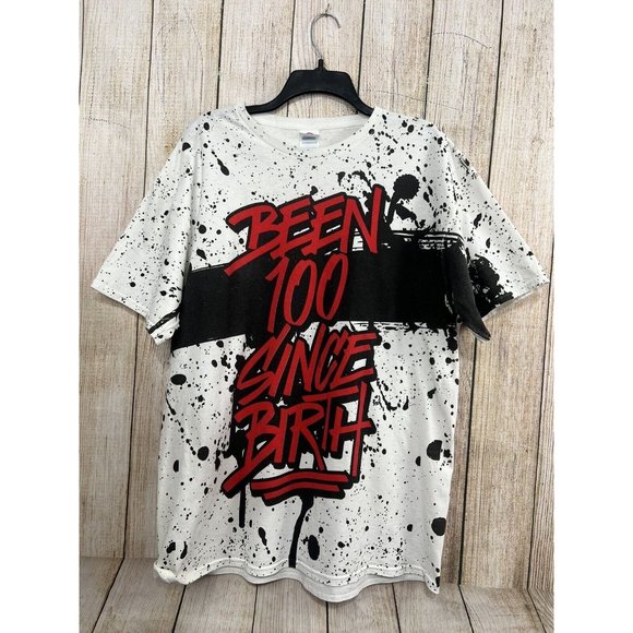 Vtg Y2K Been 100 Since Birth T-Shirt XL All Over Print Paint Splatter Delta Pro - Picture 2 of 6